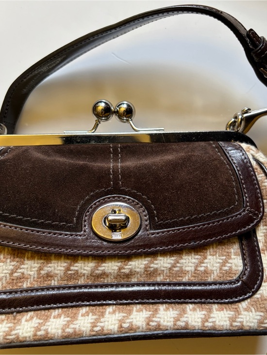 Coach Handbags - Coach Brown Suede & Houndstooth Shoulder Bag with Silver Hardware